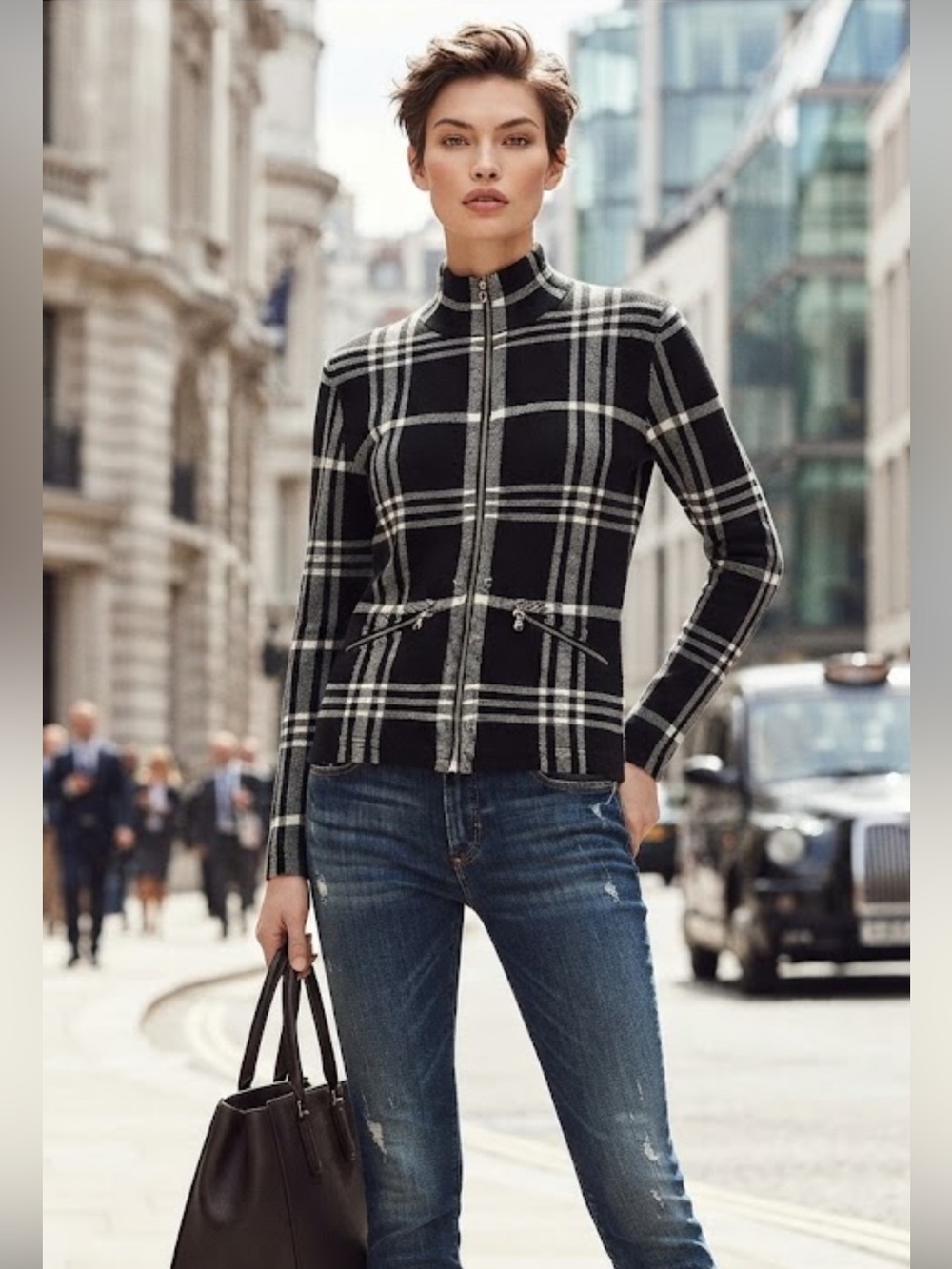 NWOT Lauren Ralph Lauren Women’s Black and White Plaid Zipper Sweater Jacket